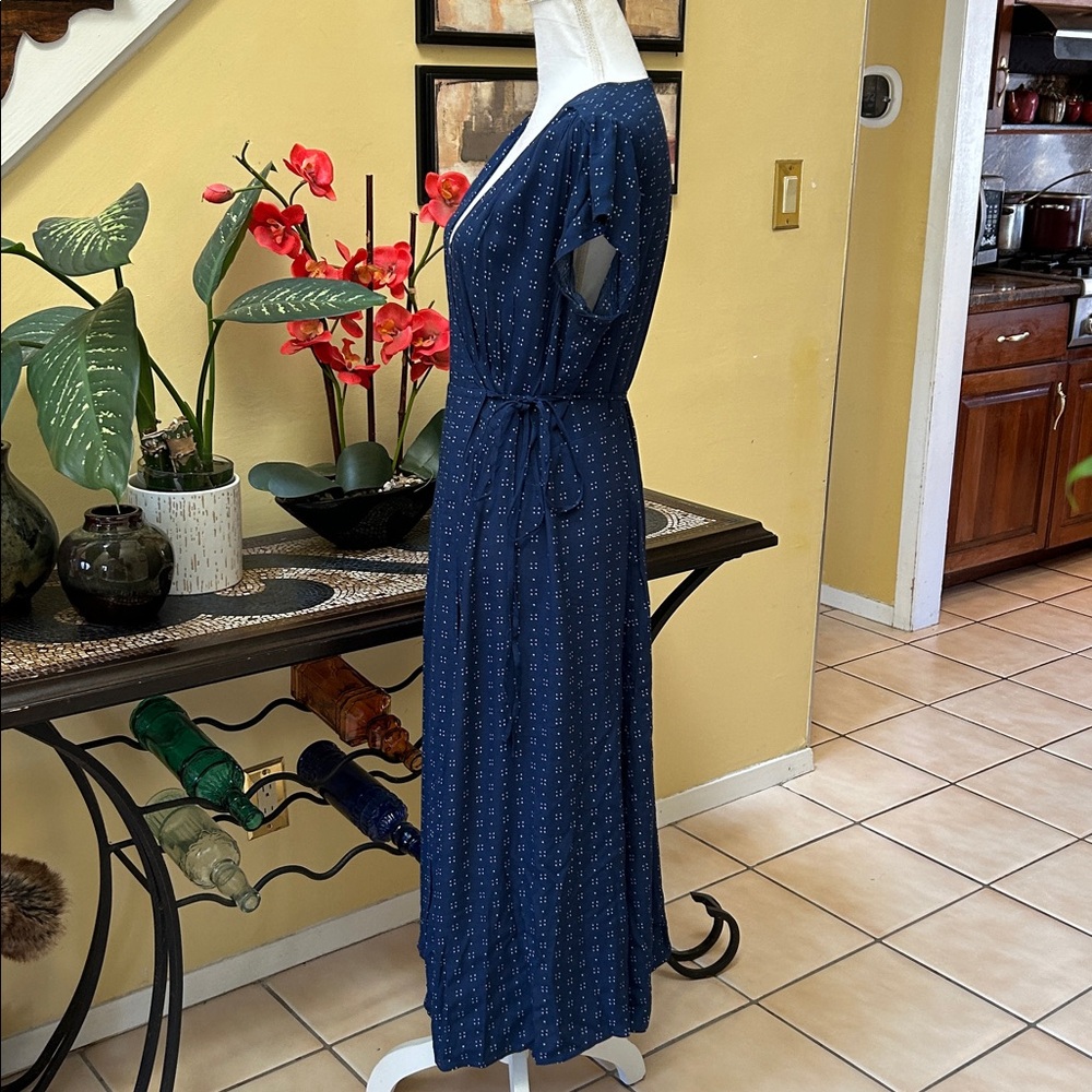 Gap Women’s Navy Blue Dot Print Short Sleeve Full Maxi Wrap Dress Tie Waist Med - Picture 13 of 16